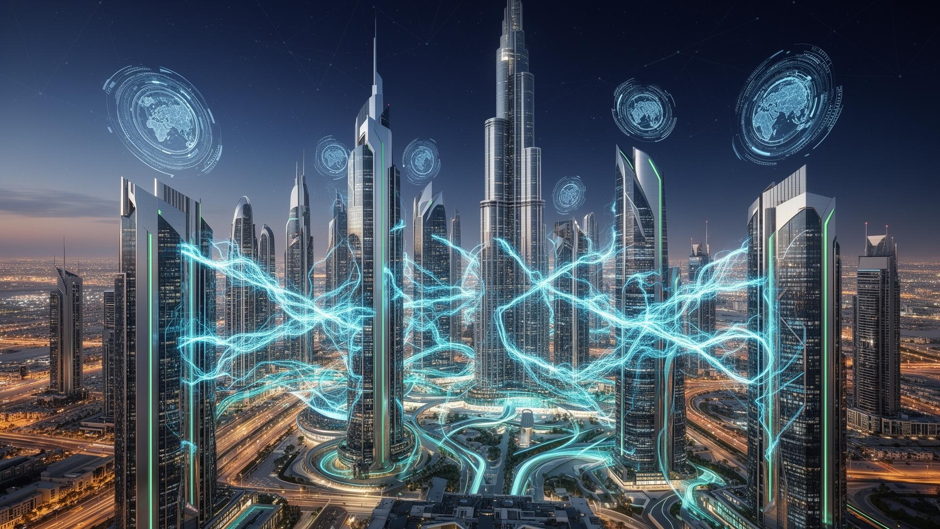 Dubai skyline represented as a connected cooling intelligence network